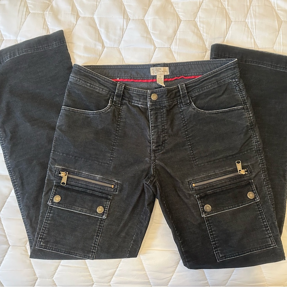 American Eagle navy corduroy cargo pants low rise bootcut zippers sz 12 Y2K